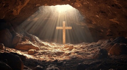 The cave, a sacred space, showcases the cross under divine sunlight, embodying the essence of Christianity.