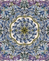 Sapphire Blue Crystal Mandala Art. Cool Tone Geometric Gemstone Wall Print. Minimalist Office Decor.