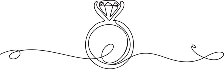 Elegant Engagement Ring Continuous Line Drawing – Minimalist Diamond Ring Outline Art on White Background