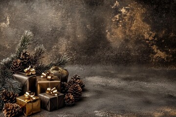 A festive arrangement of gifts and pine cones on a unique burnt cement backdrop.