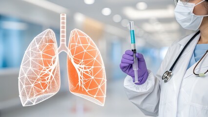 Doctor with Syringe and Holographic Human Lungs Visualization
