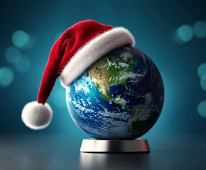 A festive Earth globe adorned with a Santa Claus hat symbolizes Christmas cheer.