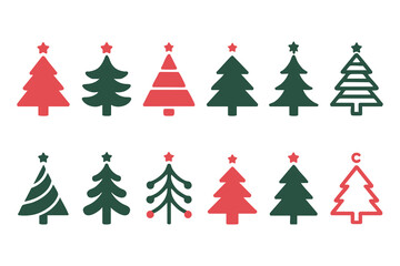 Obraz premium Collection of Twenty-One Christmas Trees, Variety of Filled and Outline Christmas Tree Shapes in Red and Dark Green, vector, illustration,