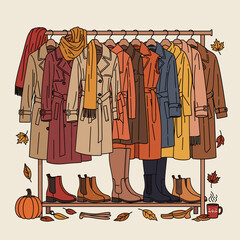 Autumn Fashion Collection on Rack with Trench Coats, Boots, Pumpkin, and Fall Leaves. Cozy Seasonal Wardrobe Illustration.
