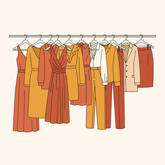 Stylish Autumn Wardrobe Illustration: Women's Dresses, Suits, and Separates on a Rack