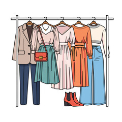 Fashionable Women's Clothing Collection on a Rack - Illustrated Wardrobe