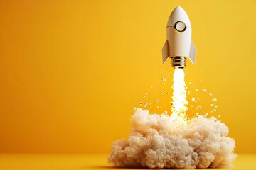 Emphasizing business growth, the light bulb rockets upward on a bright yellow canvas.