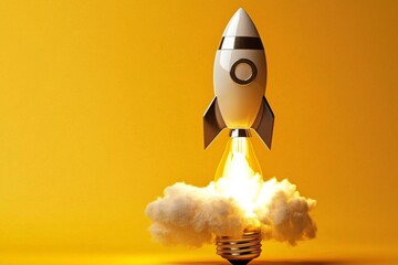 A light bulb soaring like a rocket against a vibrant yellow backdrop.