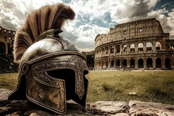 A majestic landscape featuring an ancient gladiator helmet.