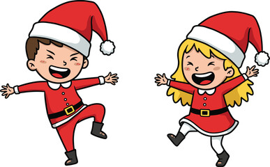 Children dancing in Santa costumes, festive Christmas outfits, joyful kids, holiday spirit, cheerful cartoon illustration, winter celebration, happy expressions, seasonal festive design