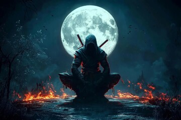 The enigmatic presence of a ninja with a striking backdrop of a full moon and black sky.