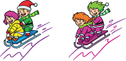 Children sledding downhill, winter snow fun, Christmas outfits, holiday activity, joyful kids, outdoor play, festive cartoon illustration, seasonal celebration, cheerful spirit