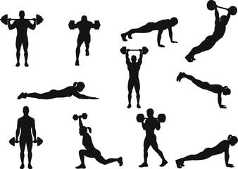 Fitness silhouettes of people exercising, weightlifting, push-ups, planks, lunges, dumbbells, barbell training, workout poses, strength training, gym illustration, health