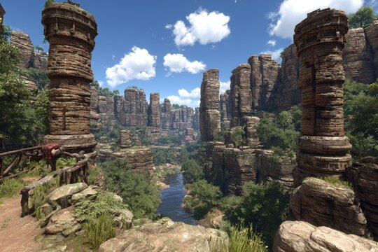 Canyon vista, ancient ruins, lush valley