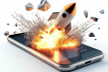 Conceptual illustration of a startup launching from a smartphone.