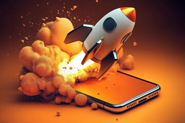 Conceptual illustration of a startup launching from a smartphone.