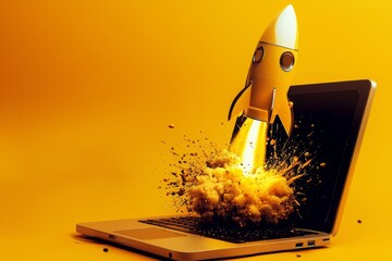 An imaginative representation of a rocket blasting off against an orange backdrop.