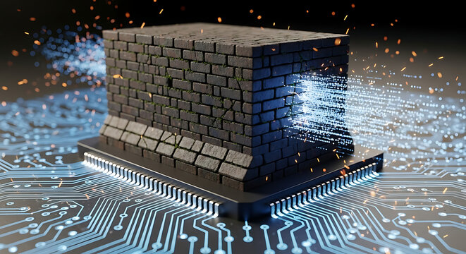 Digital firewall concept represented by a brick structure on a computer chip