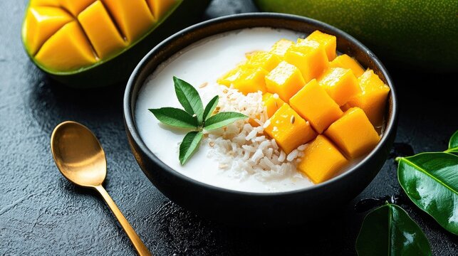 Fresh mango, rice, and coconut dessert in a bowl.