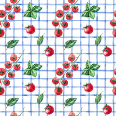 Hand-drawn seamless pattern with tomatoes, basil leaves on  blue checkered tablecloth