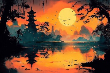 A serene digital illustration of a landscape featuring a tranquil lake and majestic mountains. 