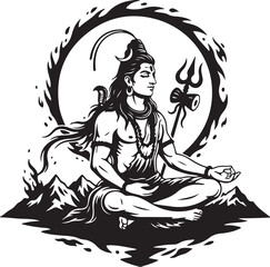 Lord Shiva Meditating on Mount Kailash Silhouette with Trident Vector