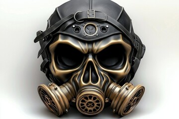 The contrast of a black skull and gas mask makes for a bold visual statement.