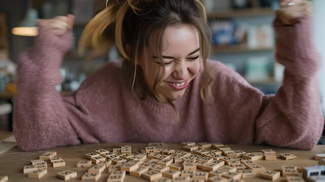 Young woman celebration win scrabble game joy excitement pink sweater cozy indoor setting wooden letter tiles raised clenched fists joyful expression modern word game table