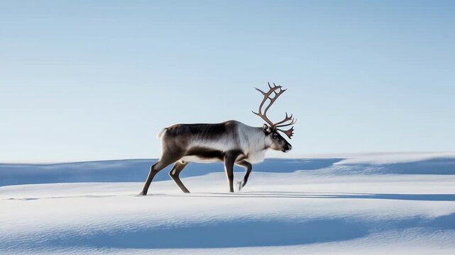 Majestic caribou traverses a vast snowy expanse its shadow stretching across the pristine frozen landscape Winter s beauty captures this arctic animal in its natural