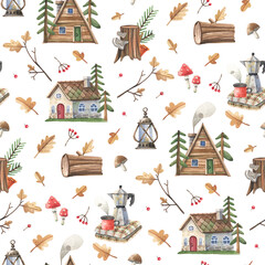 Hand-drawn seamless pattern with forest cabins, mushrooms, and autumn oak leaves