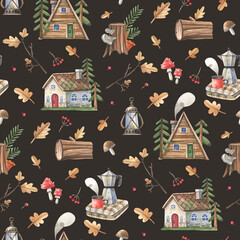 Hand-drawn seamless pattern featuring charming forest houses, oak leaves, and mushrooms