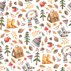 Warm autumn pattern with forest elements — hiking boots, knitted hat, mug, backpack, acorns, and colorful fall foliage. Perfect for camping, outdoor, and cozy seasonal designs.