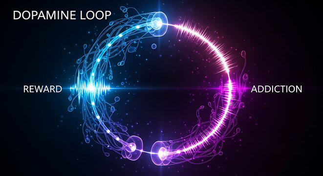Dopamine loop illustrating reward and addiction with glowing neon particles and abstract energy