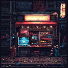 Gamers and passersby marvel at the pixelated design of the gaming machine in the market.