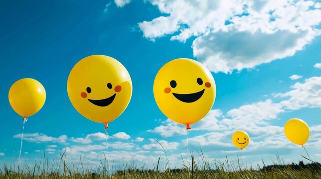A joyful scene of yellow balloons floating against a stunning cloud-filled sky.