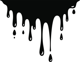 Dripping black liquid or paint with droplets on white background vector illustration