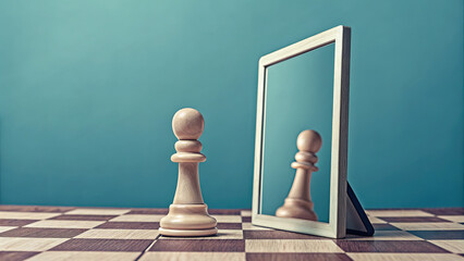 Pawn looking in the mirror seeing queen concept. A chess pawn reflected in a mirror on a stylish chessboard.