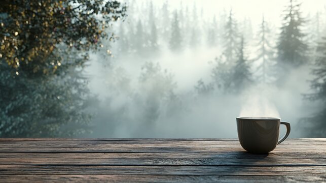 Steaming cup on wooden surface with blurred forest background and mist.