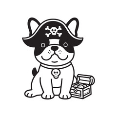 Adorable Pirate French Bulldog with Treasure Chest Easy Black and White Line Art Design. 