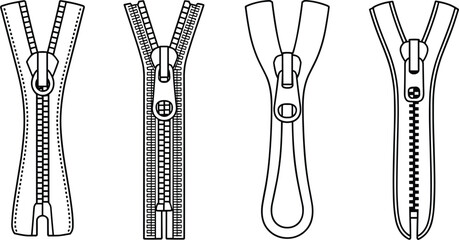 Four Different Zipper Styles Line Art Illustrations fastener closure