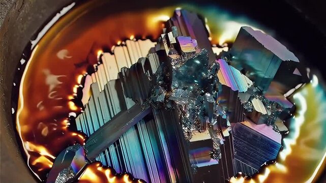 Real-time hyperlapse showing bismuth crystal formation inside molten metal bath. Iridescent rainbow hues emerge as the metallic structure cools and solidifies under moody workshop lighting, top-down v