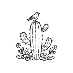  Cute Cactus with Perched Bird and Flowers Simple Black and White Line Art Design.