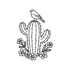  Cute Cactus with Perched Bird and Flowers Simple Black and White Line Art Design.