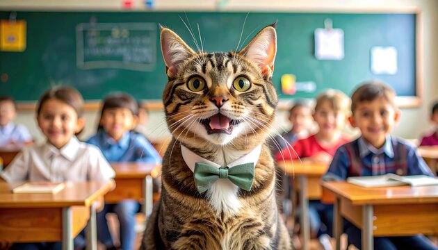 Tabby Cat Teacher in Classroom with Students