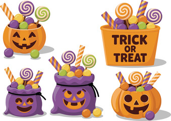 Halloween candy buckets and bags with trick or treat text and lollipops Keywords: halloween