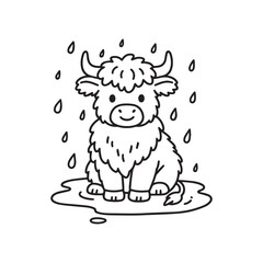 Cute Highland Cow with Thick Fur Sitting in Rainy Puddle Line Art Design. 
