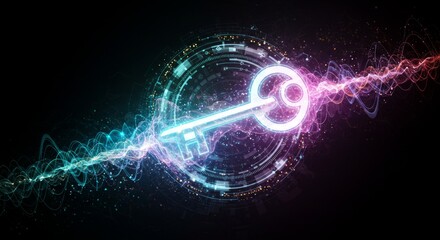 Obraz premium Glowing key with digital circuit and energy waves on black background