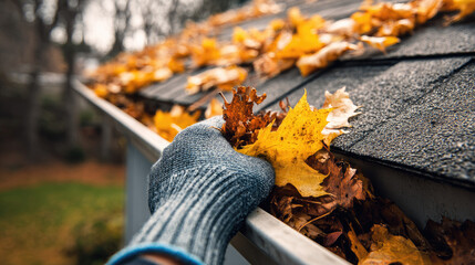 Man hand cleaning leaves from roof rain gutter concept. A hand in a glove clearing leaves from a rooftop gutter.
