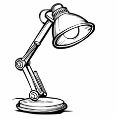 Fototapeta premium Simple vector line drawing of a desk lamp in cartoon style on a white background. Flat color illustration with bold outlines and minimal design