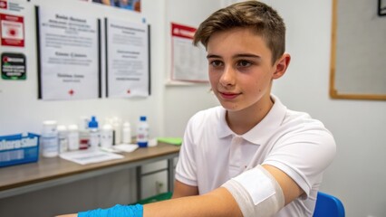 teen community service concept. Young boy receiving a medical procedure in a clinic setting.